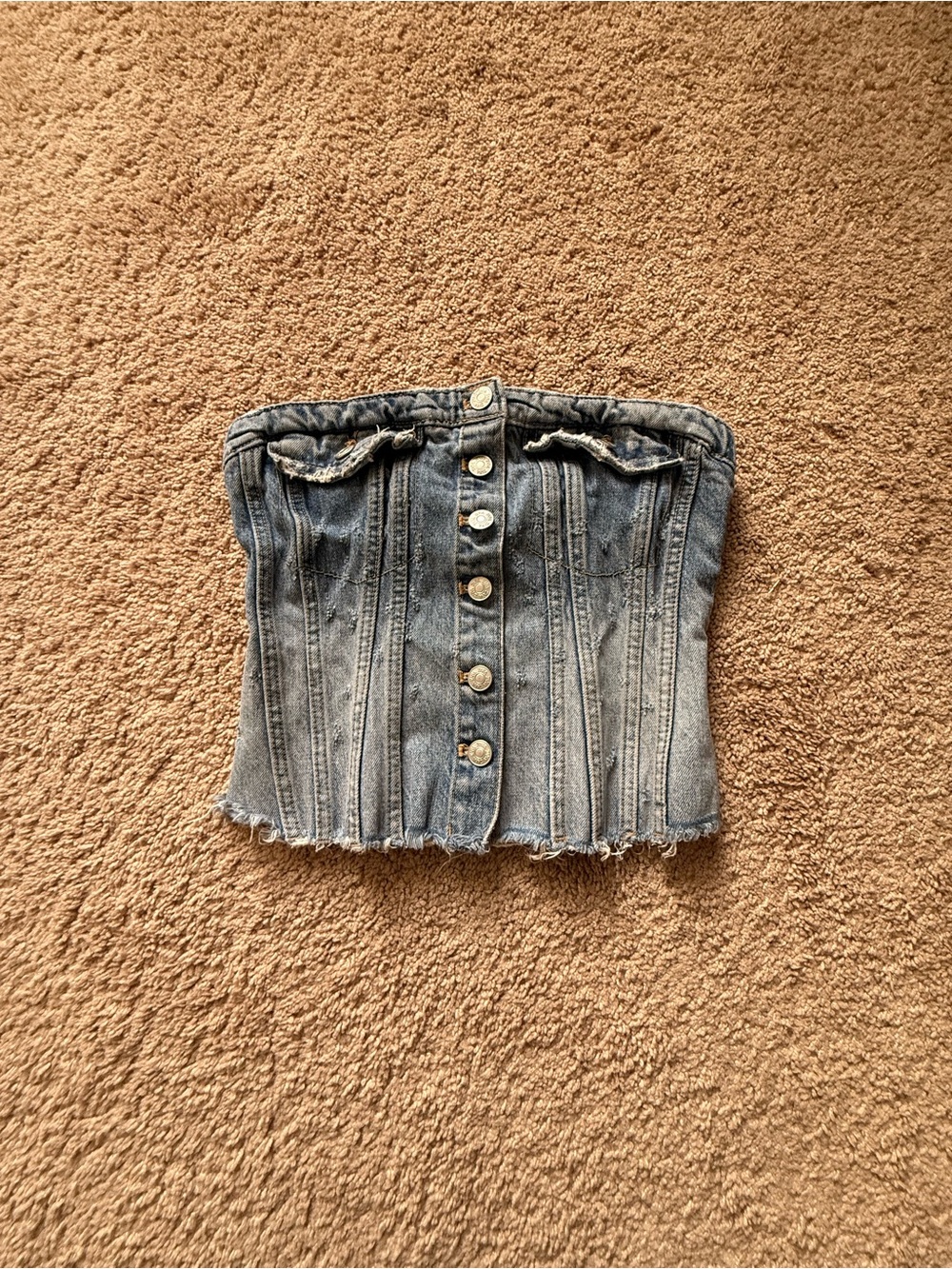 Zara Blue Strapless Button-Front Denim Corset Top